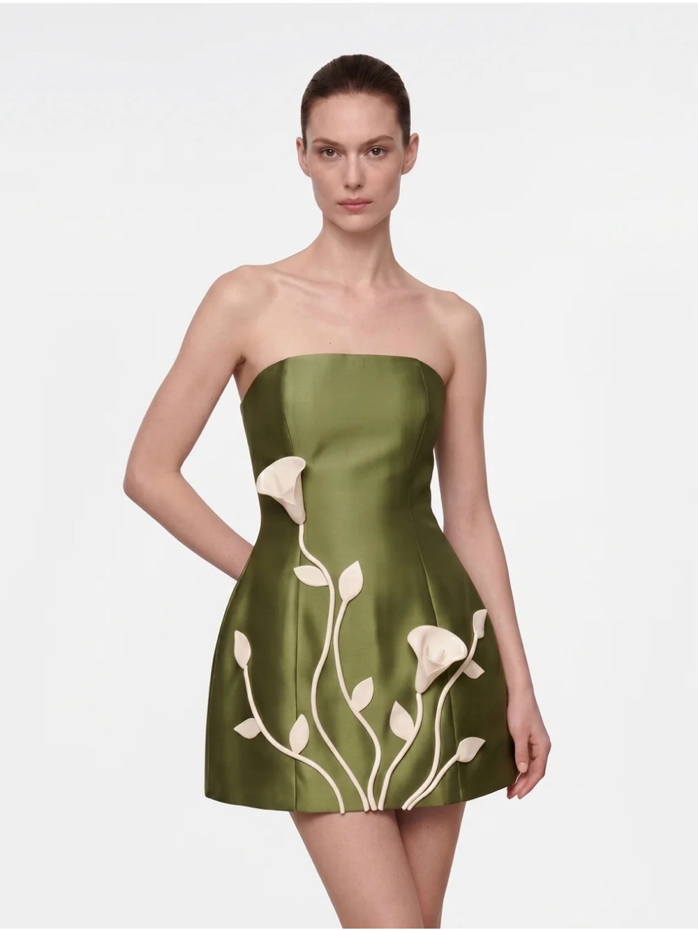 JW Pei 3D Vine Floral Strapless Mini Dress - Olive green